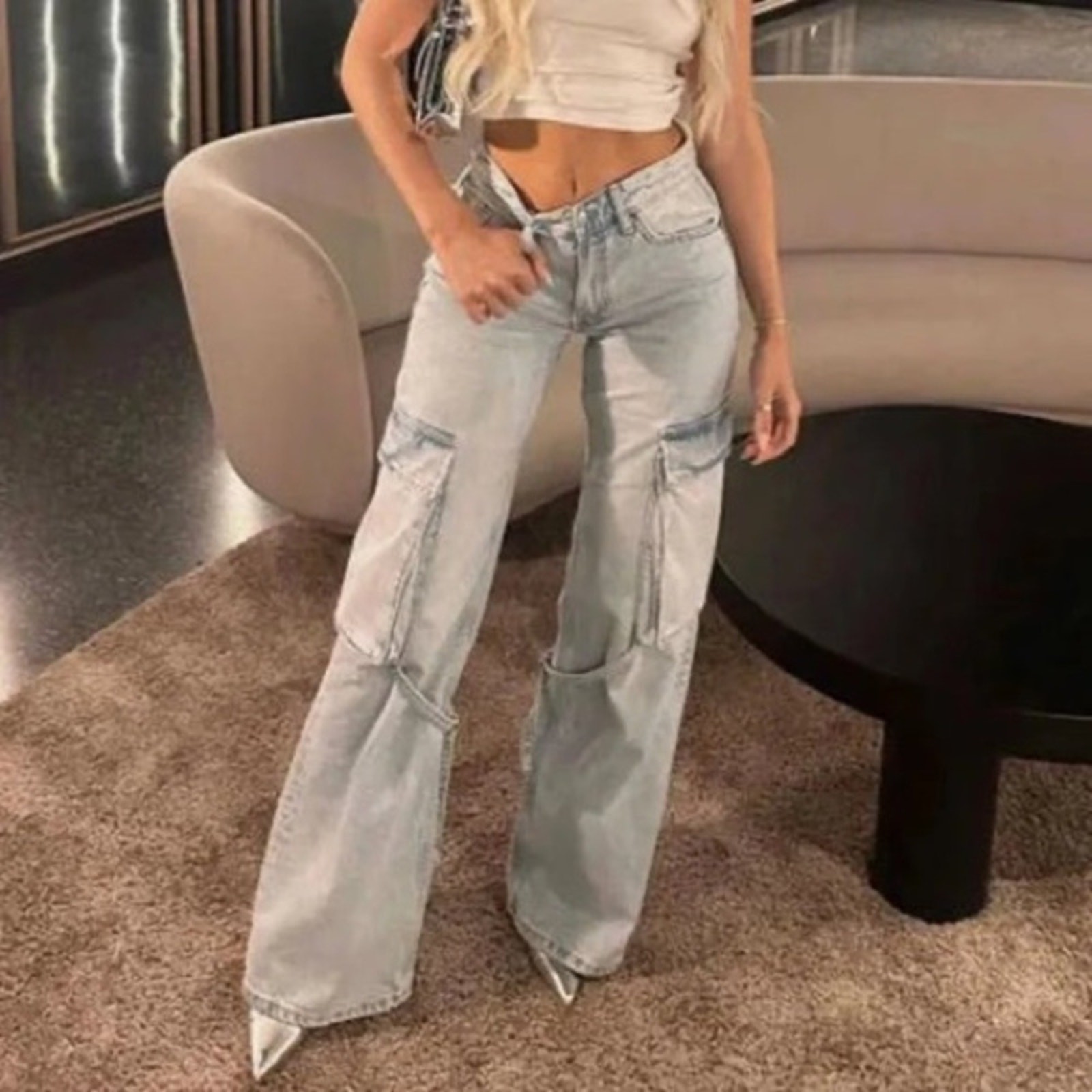 ZARA TRF MID-RISE BELT LOOP CARGO JEANS