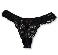 Josie Natori Black Floral Lace Thong Panties Vintage Y2K Size M