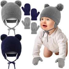 2 Set Unisex Winter Baby Toddler Hat Glove Set Warm Fleece Knitted Beanie Cap...