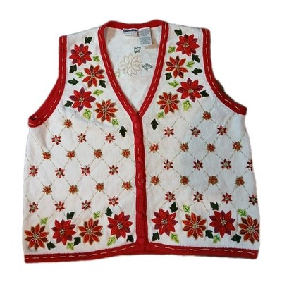 White Stag Womens Plus 16W Vest Poinsettias Leaves Beaded Embroidery Metallic...