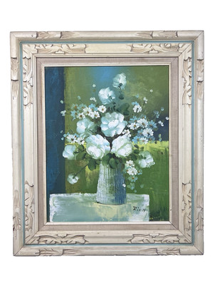 VTG Original Oil Painting White Floral Bouquet Wooden Frame Signed 27.5'' Cottage