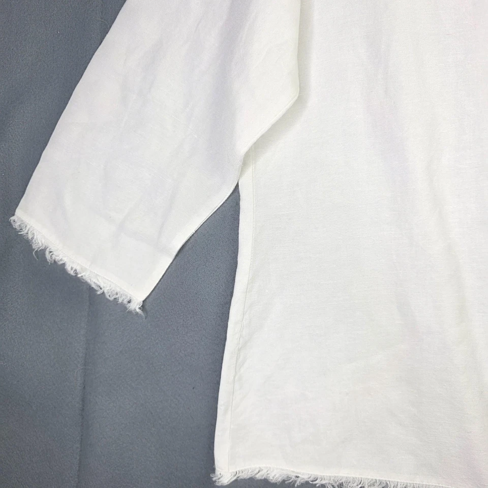 Camisa Toofan Lino Mujer M Blanco Lino Manga 3/4 Dobladillo Crudo Bolsillo Boho Minimalista Foto 4 de 4
