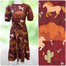 PRINCESS HIGHWAY Dress AUS 10 US 8 Horse Print Linen Midi Equestrian Western EUC
