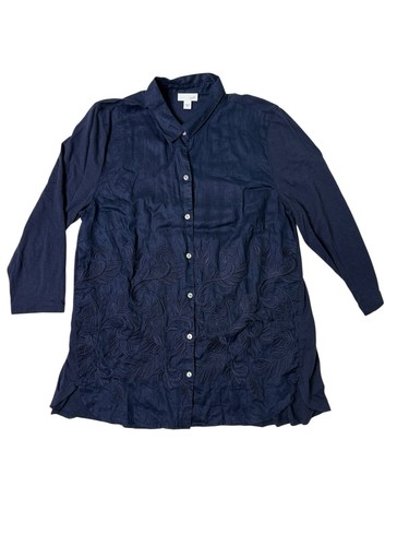 J Jill Womens Linen Long Sleeve Button Down Tunic Embroidered Vines Navy M - Picture 3 of 13