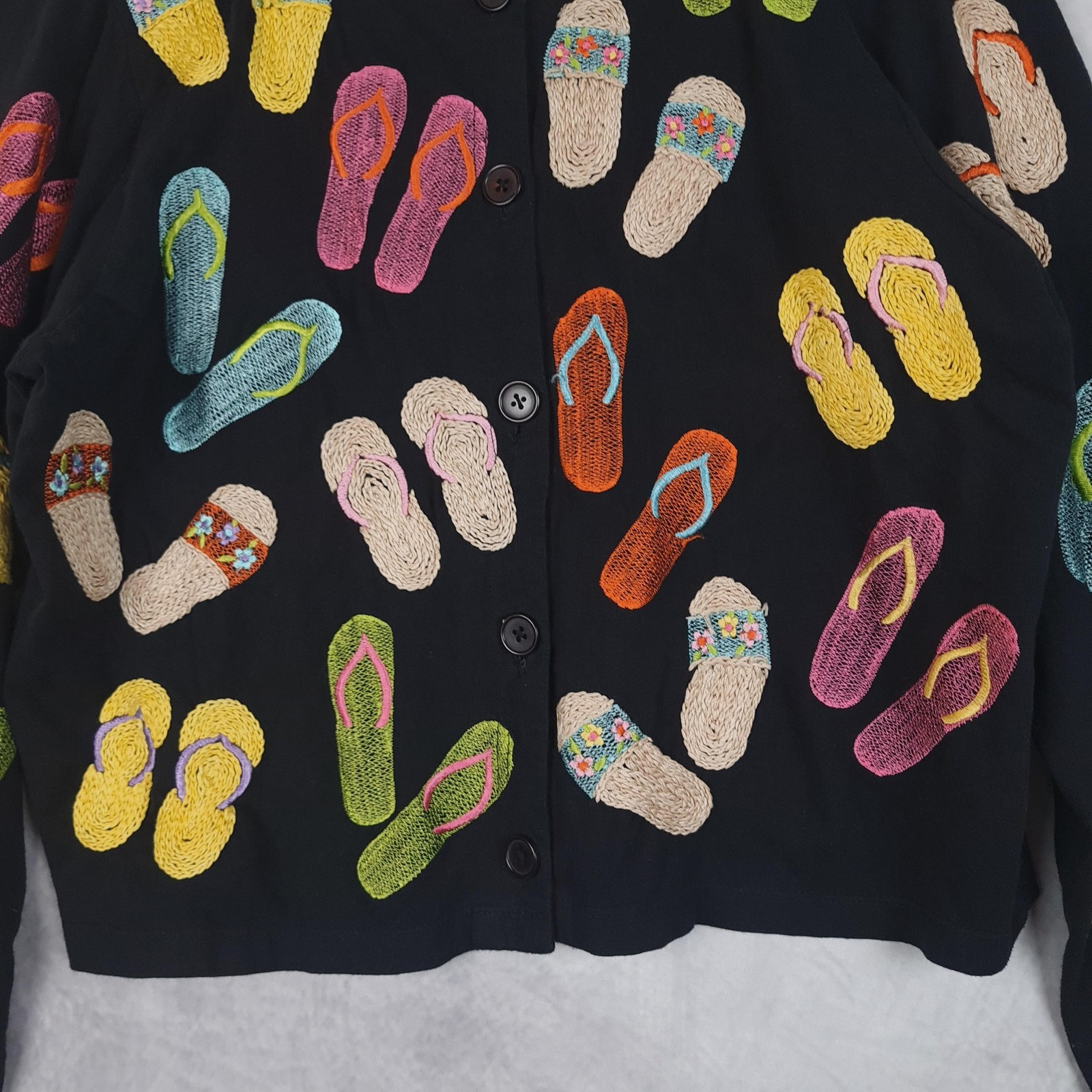 Michael Simon Lite Cardigan Womens Medium Black Flip Flop Embroidered Cotton
