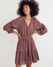 Madewell Seersucker Mini Dress S Burgundy Plaid NEW