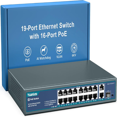 YuanLey 16-Port PoE Switch mit 2 Gigabit Ethernet Uplink, 1 SFP-Port, 250W PoE+
