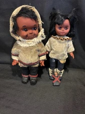 2 VTG boy/girl 12"& 11” Eskimo Intuit Indian Rubber Doll Real Fur Clothes w/baby