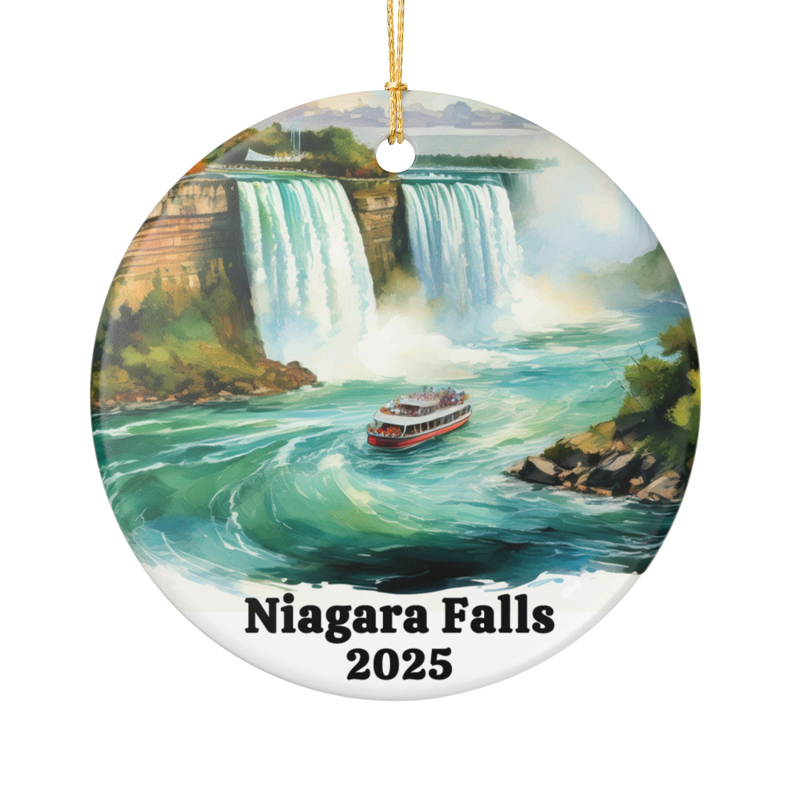 Niagara Falls Ceramic Ornament, Scenic Waterfall And Tour Boat, Custom Year