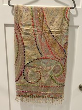 Raj Fringe Scarf Embroidered Paisley Wrap Shawl Women's Boho Made In India New