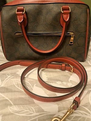 Coach Signature Brown/Red Zip Satchel Top Handle Bag Detachable Strap Small