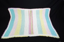 Hand Crocheted Baby Blanket 27" X 38" Pastel Stripes Scalloped Edge