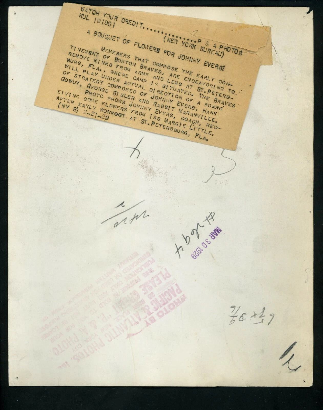 Johnny Evers Margie Little 1929 Type 1 Pacific & Atlantic Press Photo Braves - 画像2/2