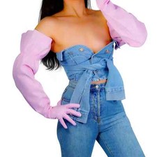 Unisex Pink Gloves 70cm Super Long Faux Leather Elastic Armband L PUFF SLEEVES