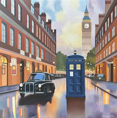 Dr Who Ölgemälde, Polizeikiste, London, schwarzes Taxi, Big Ben, TV-Figur