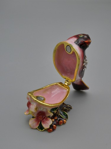 Red Cardinal Bird Trinket Box Flowers Crystal Hinged Enameled Metal Bejewel 2.5" - Picture 7 of 9