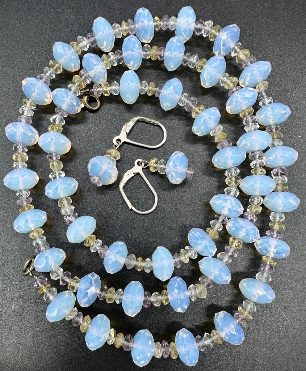 VINTAGE STERLING SILVER MOONSTONE AQUAMARINE AMETHYST EARRINGS NECKLACE SET