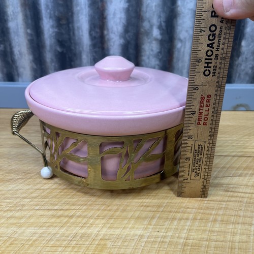 VTG Pink Ceramic Casserole Dish Covered Brass Stand MCM Cottage Core 1.5qt - Picture 12 of 12