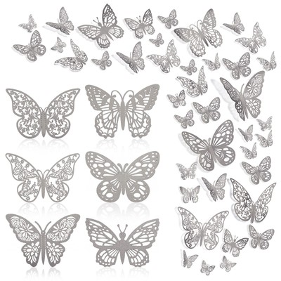 144 Pcs 3D Butterfly Wall Stickers Decor 6 Styles 3 Sizes Silver ...