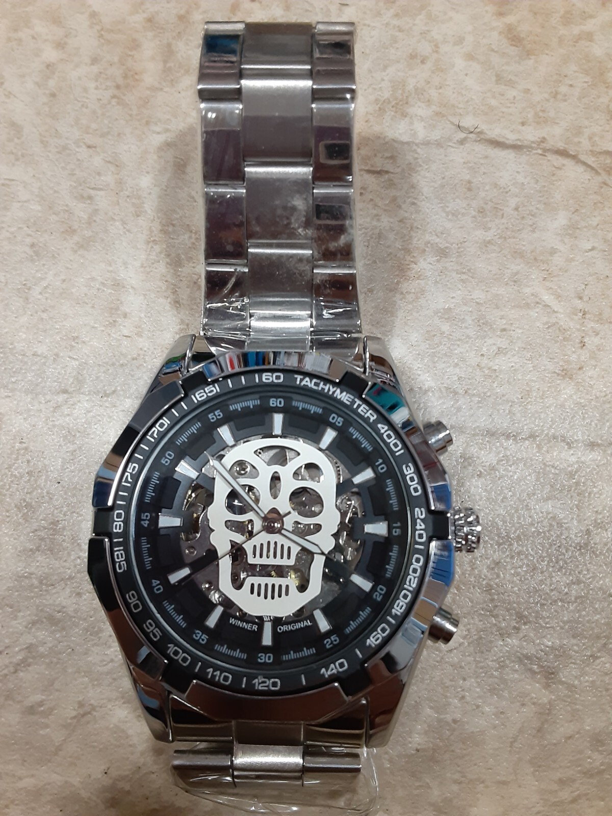 Winner Men Silver Black Skeleton Tachymeter Steel Band SelfWind