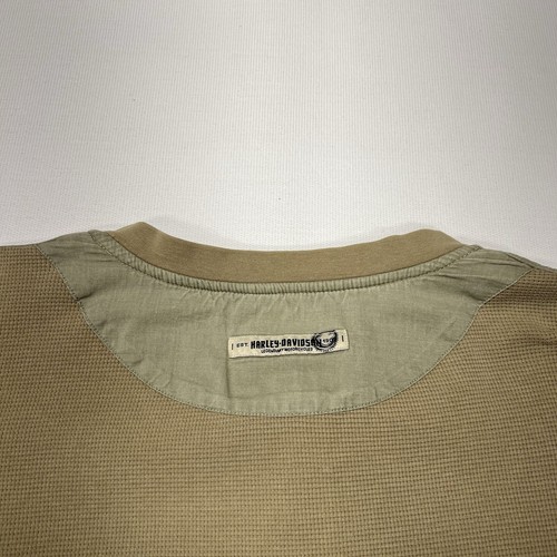 Harley Davidson Shirt Mens XL Green Henley Thermal Waffle Knit Elbow Patch Biker - Picture 16 of 24