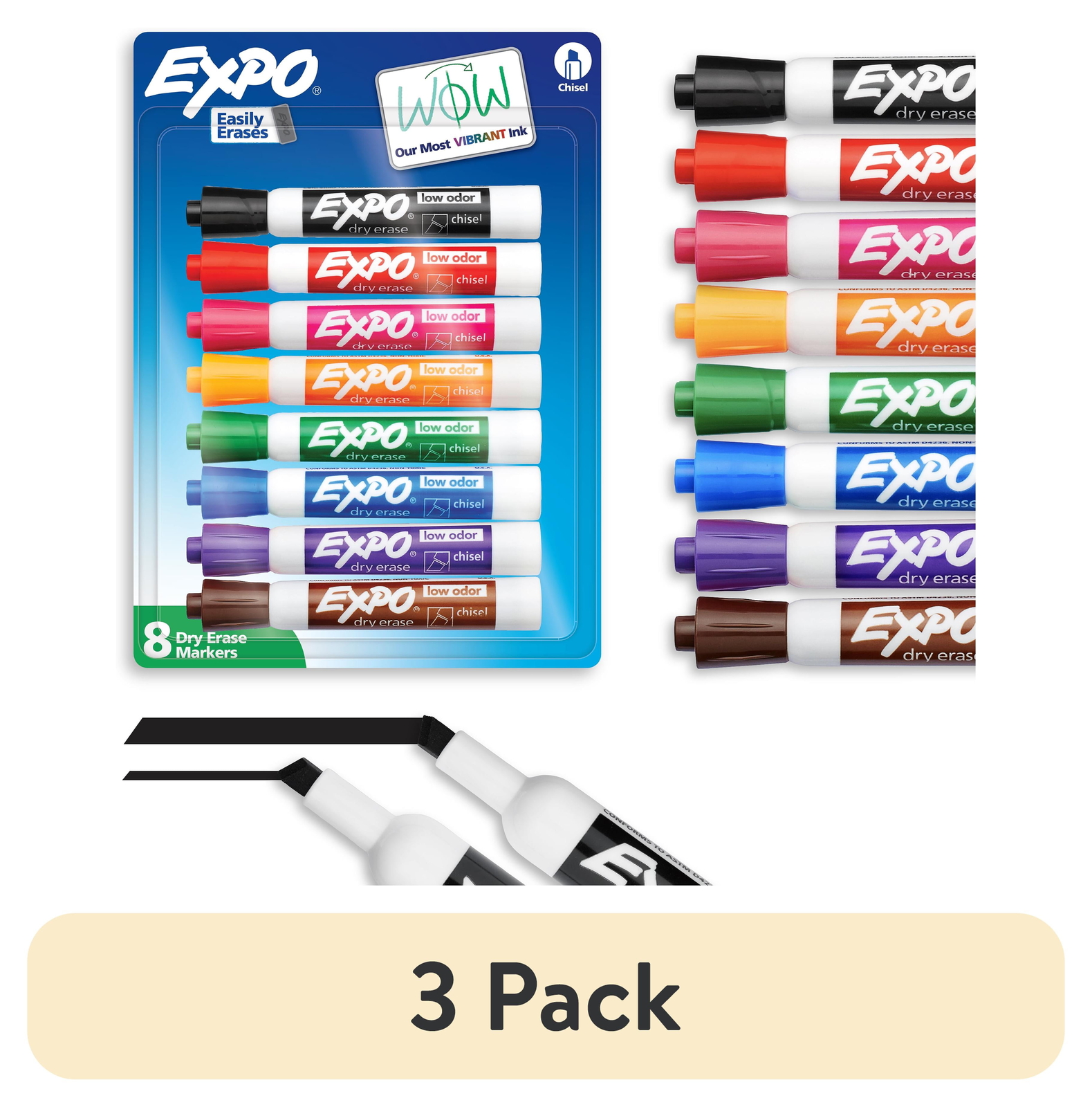 (3 pack)  Dry Erase Markers, Chisel Tip, Assorted Colors, 8 