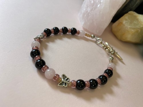 Empath Protection Bracelet. Black Tourmaline w/Rose Quartz & Butterflies. 6 inch - Picture 8 of 13