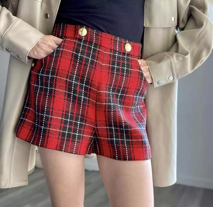 Zara Shorts With Buttons Checked Plaid Textured Tweed High Waisted