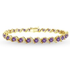 Gold Flash 925 Silver African Amethyst 4mm Round-Cut S Design Tennis Bracelet