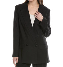 NWT- THEORY Double-Breasted Stretch Linen-Blend Blazer Jacket, Black - Size 0