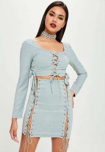 Missguided Womens Blue Carli Bybel Long Sleeve Lace Up Crop Top Size 4