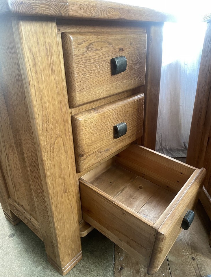 Solid Oak Bedside Tables x2 + 3 Drawer Chunky Oak Vermont Furniture