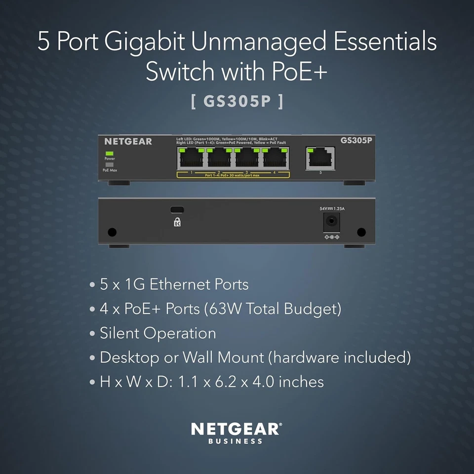 NETGEAR 5 Port Gigabit Ethernet PoE Switch 4 PoE Ports 63W Unmanaged (GS305P)™ - Image 3 of 4