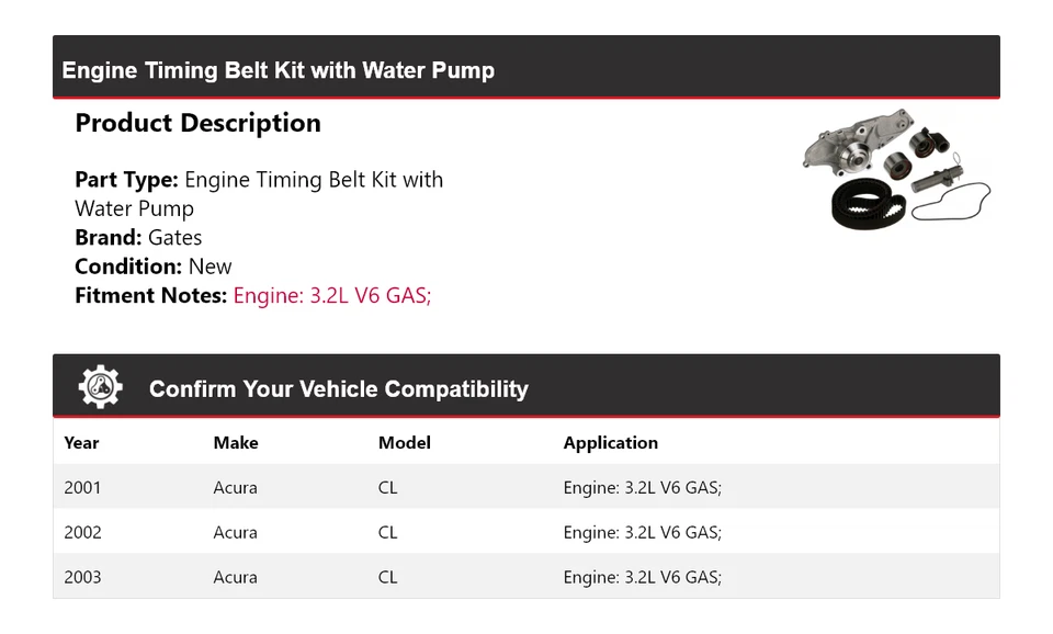 Kit de correa de distribución de motor de gas V6 3,2 L 2001-2003 con puertas de bomba de agua Foto 2 de 4