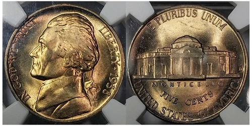 1938 D Jefferson Nickel MS66 5FS NGC Rainbow 🌈 Toned Lustrous Colorful PQ
