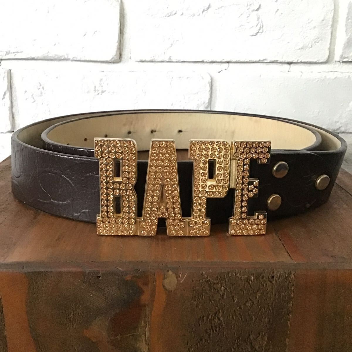 BAPE Gold Swarovski BAPE camo embossed leather belt A BAPE Gold Swarovski BAPE camo embossed leather belt A