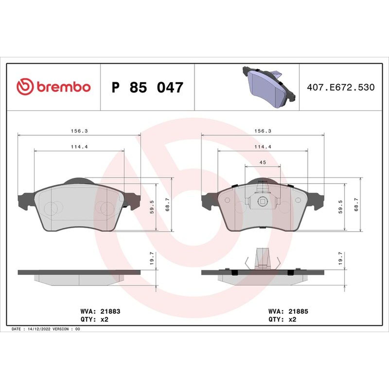 BREMBO Brake Pad Set With Piston Clip P85047 Front Axle - OE Equivalent
