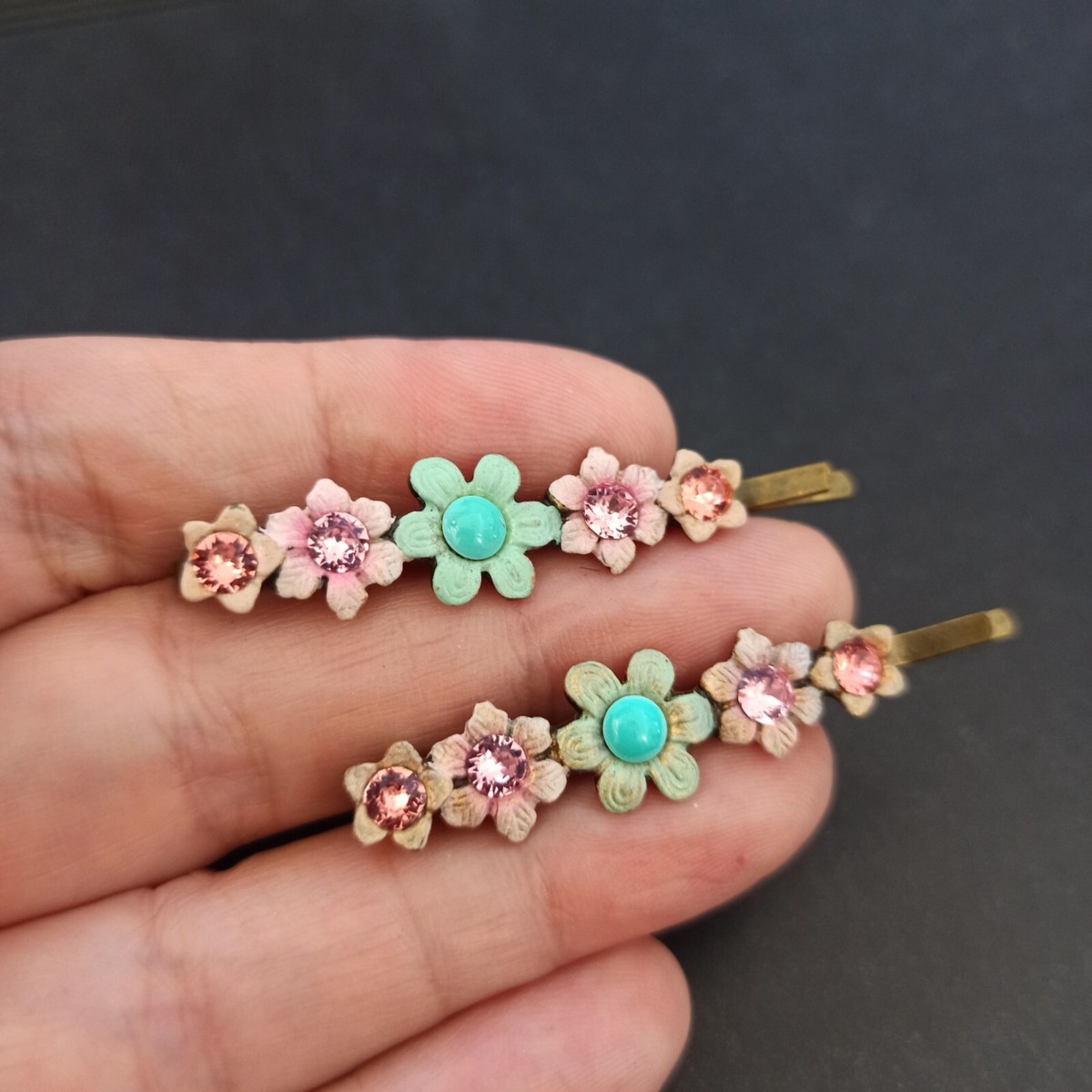 Michal Negrin Hairpin Pastel Pink Green Floral Lot 2  display picture 2