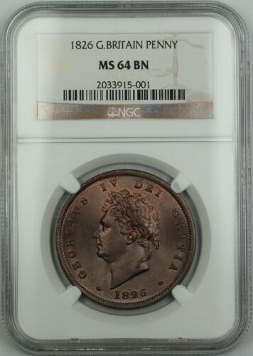 1826/1 Great Britain Penny Coin George IV NGC MS-64 Brown BN *Nice Luster* AKR - Picture 1 of 2