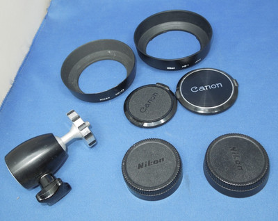 Vintage Canon & Nikon parts lot; lens hoods, lens covers, stroboframe ball head