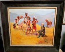 DON PAGANO COWBOY AND INDIANS ORIGINAL OIL ON BOARD WESTERN LANDSCAPE PAINTING