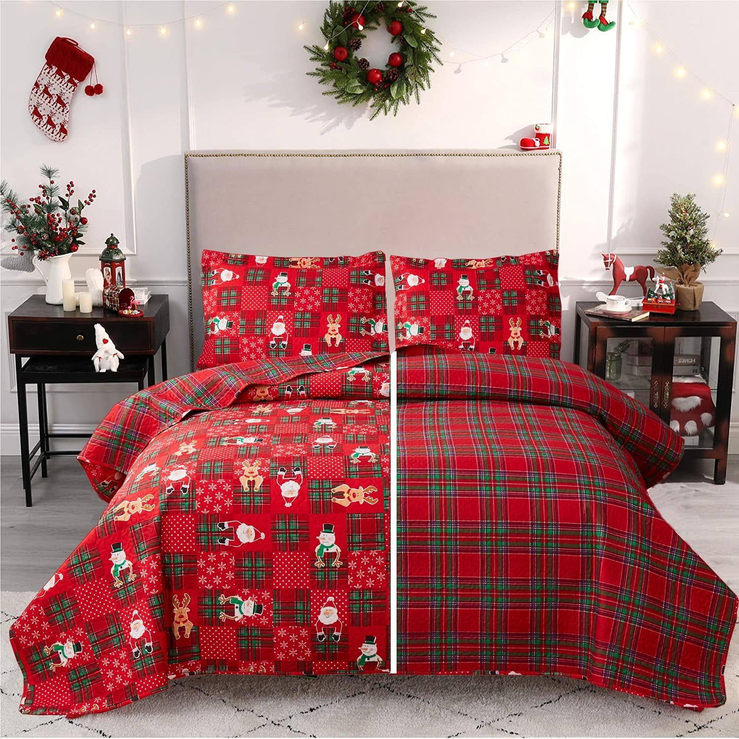 Red Plaid Merry Christmas Quilt Set with Gift Box, Reversibl
