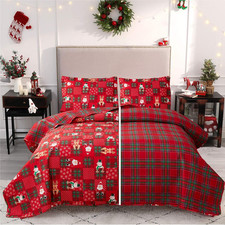 Red Plaid Merry Christmas Quilt Set with Gift Box, Reversible Patchwork Snowflak