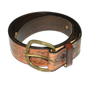 Vtg Embossed Leather Belt with Brass Fire Department Buckle Size 34 / 42 Inches