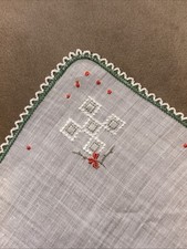 Handkerchief Hanky, linen White Green crochet trim and Corner Embroidery Vintage