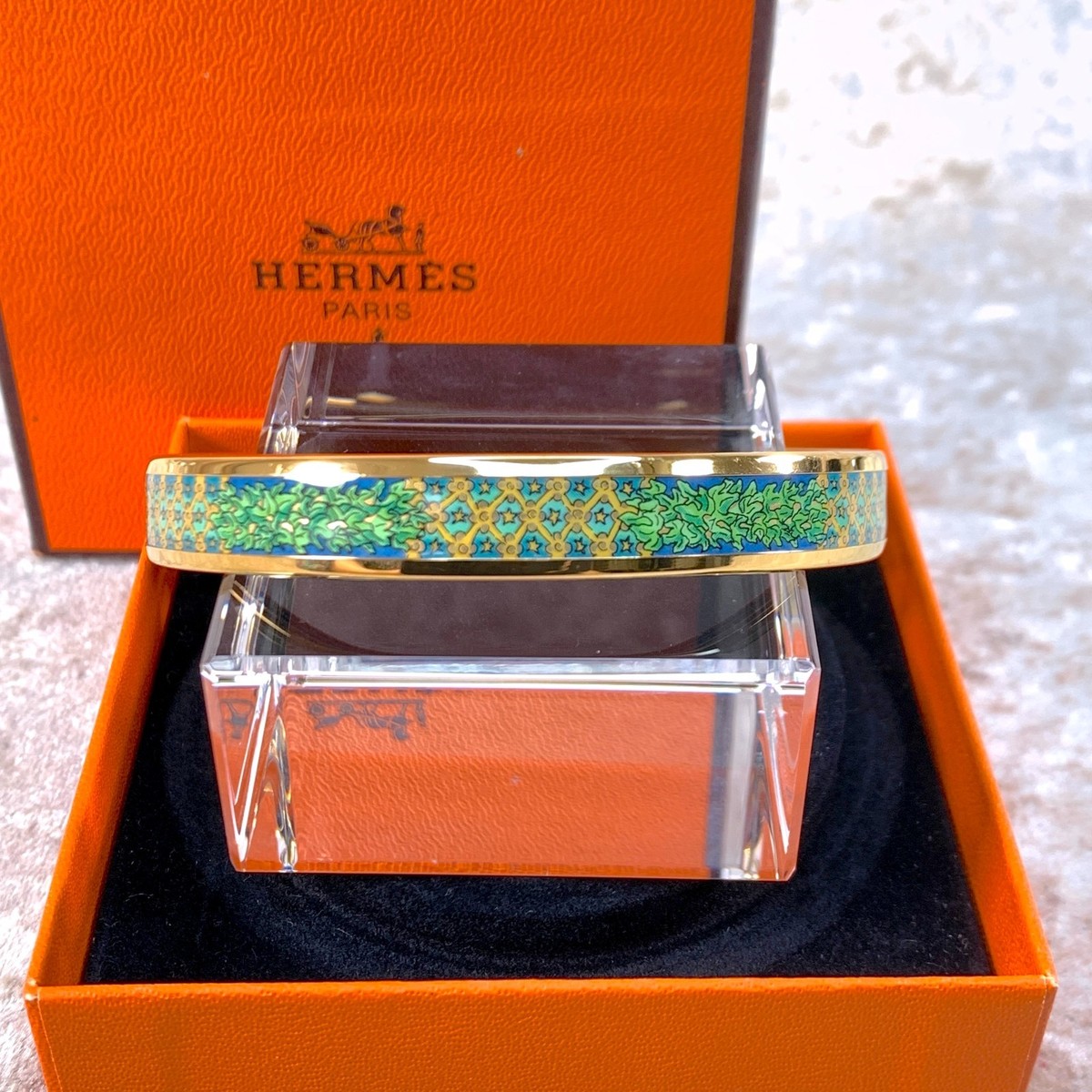 Vintage Hermes Bangle Bracelet Green Blue Enamel Gold Finish