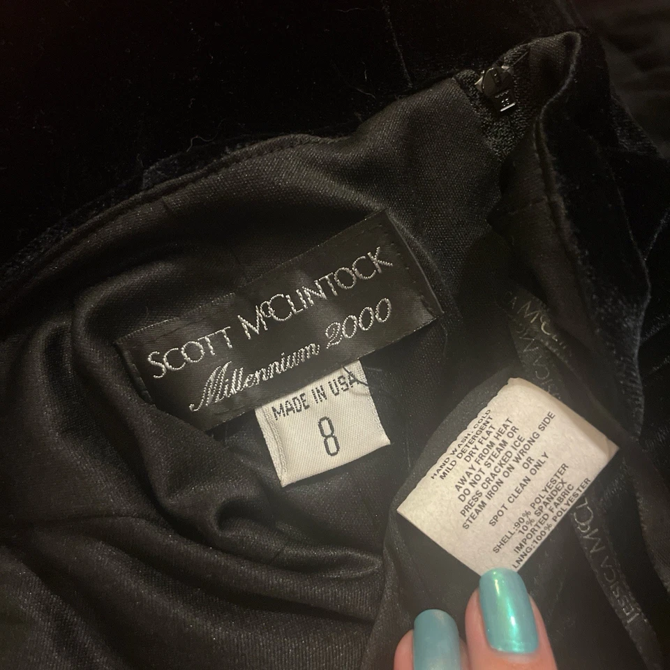 Vestido de Noche Halter Terciopelo Negro Años 90 McClintock Baile de graduación Plateado Glamour Formal Foto 4 de 4