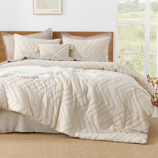 Oversized Super King Comforter Set 120x120, Beige Chevron Tufted Bedding