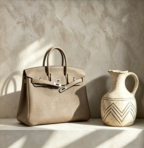 Auth Hermès Birkin 25 Elephant Gray Leather Palladium HW Handle Bag