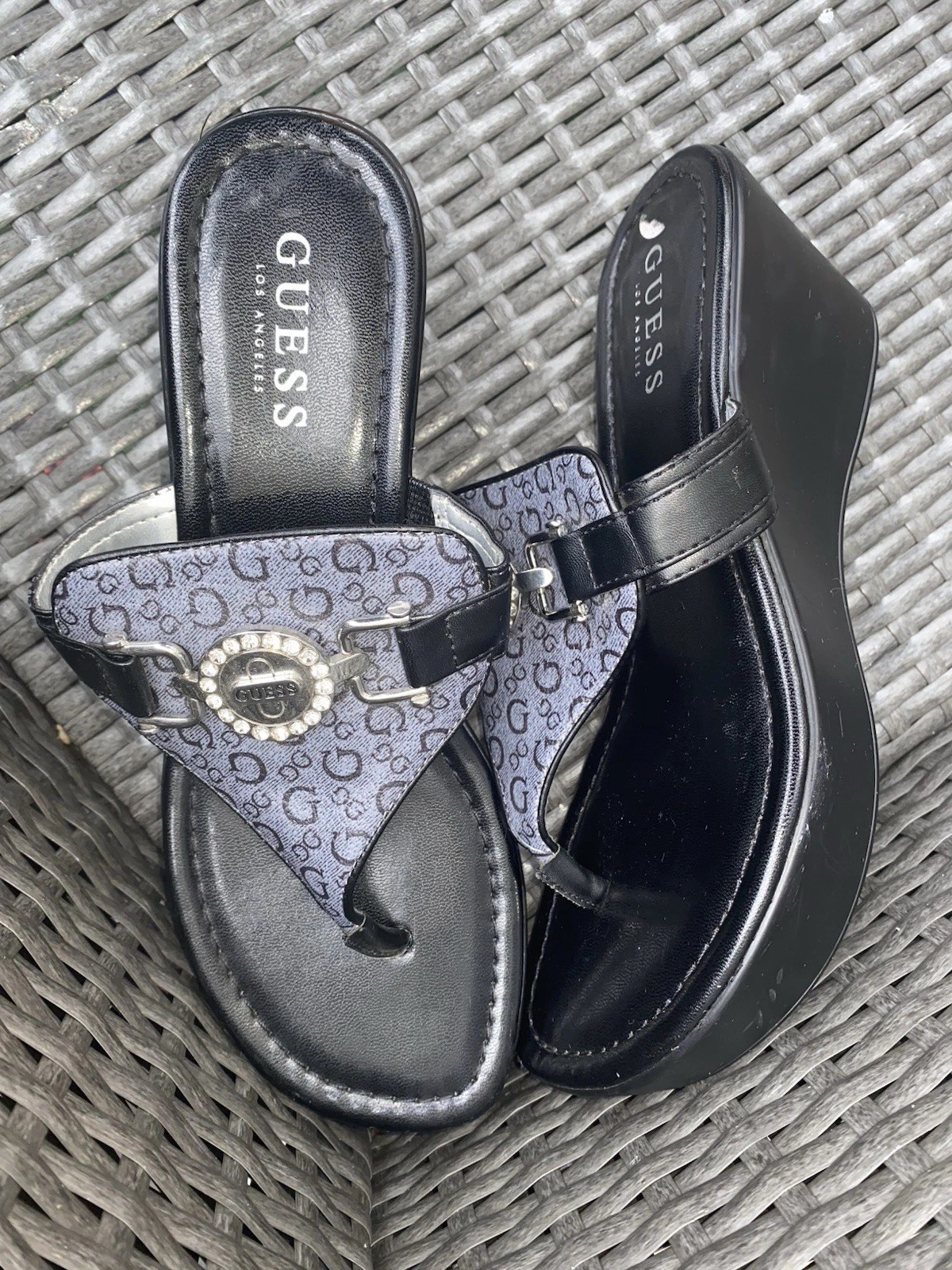 Ladies Guess Los Angeles Slip On Wedges Black Leather Size 38.5 Uk 5.5